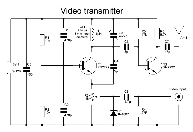 Video transmitter for analog mini camera (schematic)